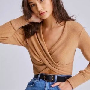 By anthropology Tan Cropped V-Neck Long Sleeves Sweater Size L